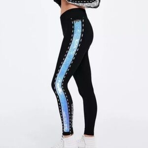 RARE PINK Victoria's Secret Black Leggings with Blue Sequin Side Stripe